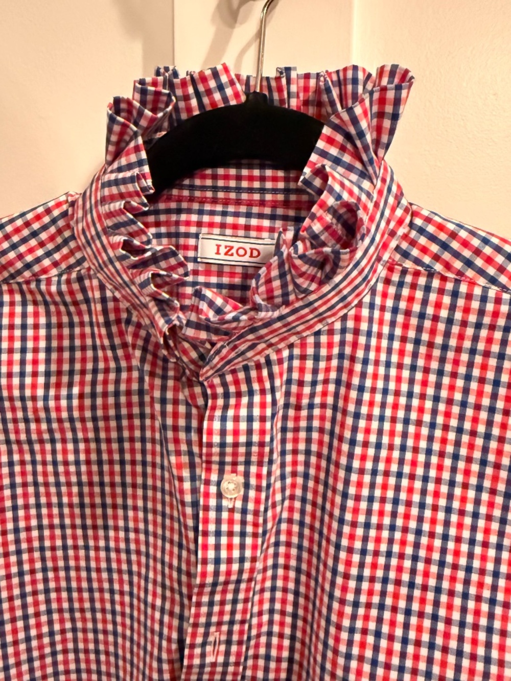 Upcycled Izod ruffle collar shirt